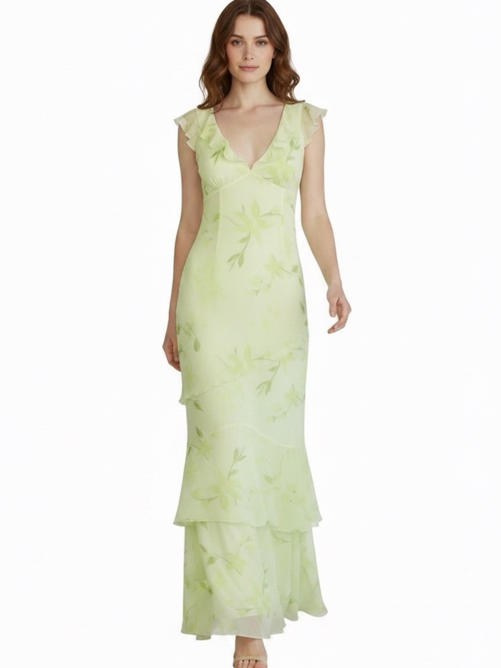 Prince Light Green Floral V-Neck Ruffle Maxi Dress